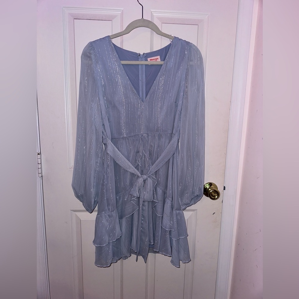 Showpo. Long sleeve wrap dress, blue with silver metallic stripes, size 8